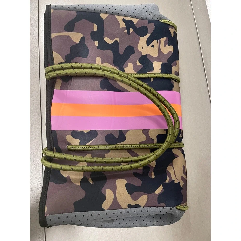 Camo Neoprene Tote Bag Carry On, Travel Gym Bag Pink Orange with Pouch Large